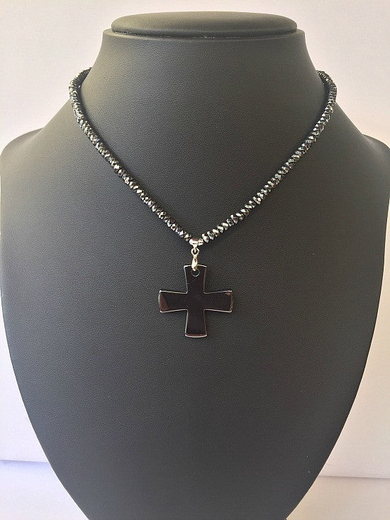 Pendant - Faceted hematite with Cross